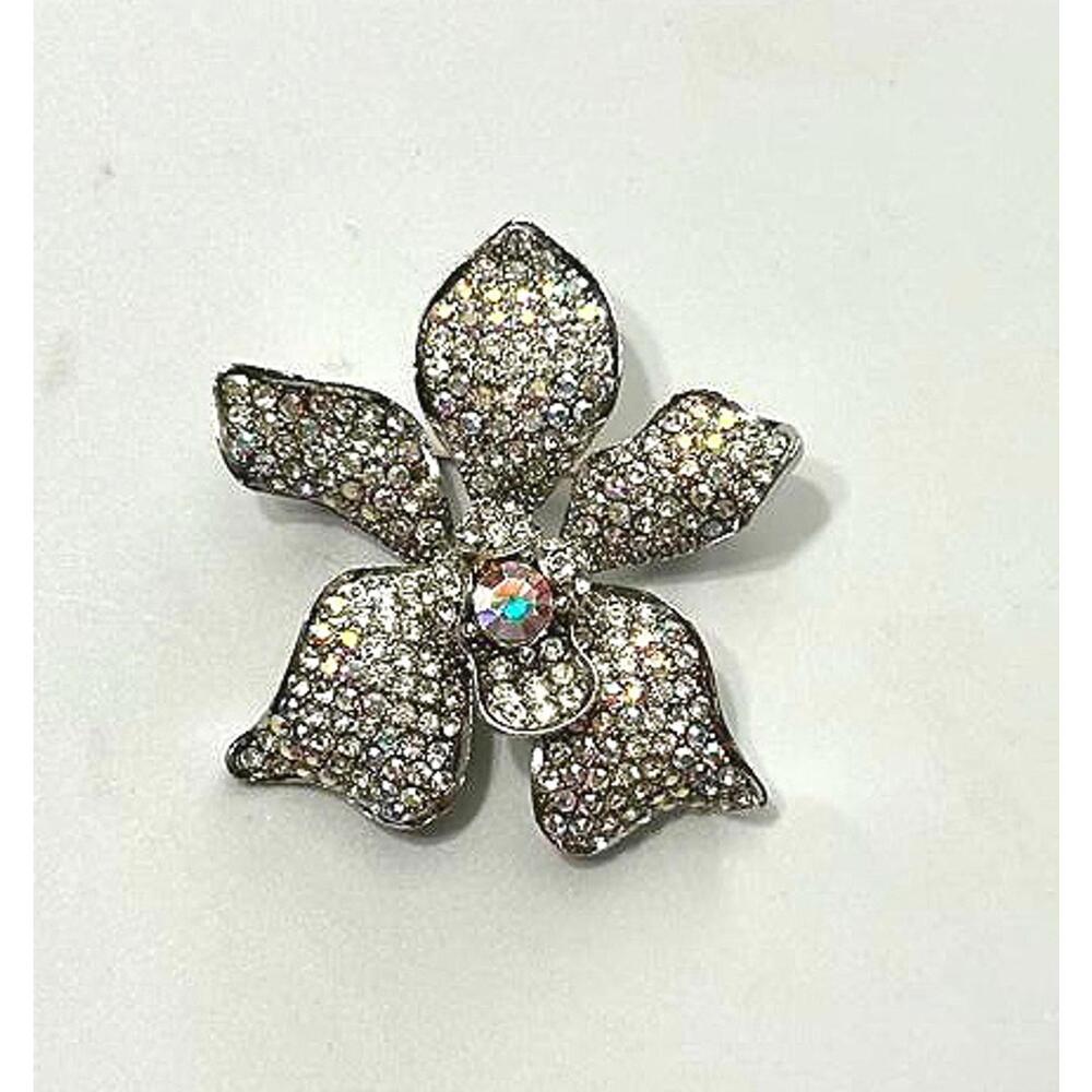 Vintage Rhinestone Flower Brooch Silver Tone Crystal Floral Pin Jewelry